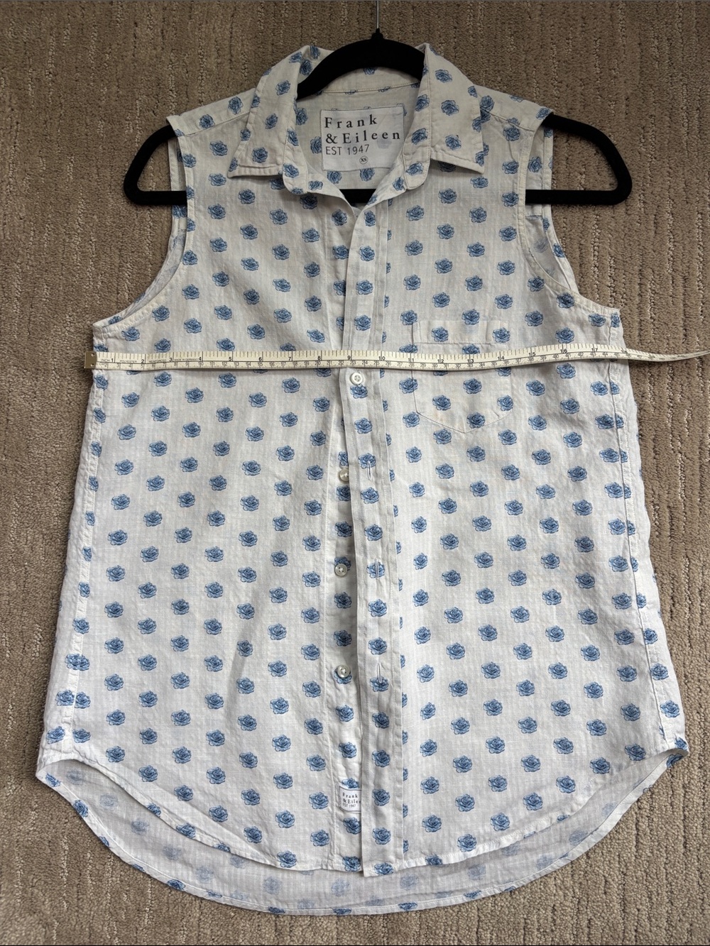Frank & Eileen White Sleeveless Button-Up Top with Blue Dot Print